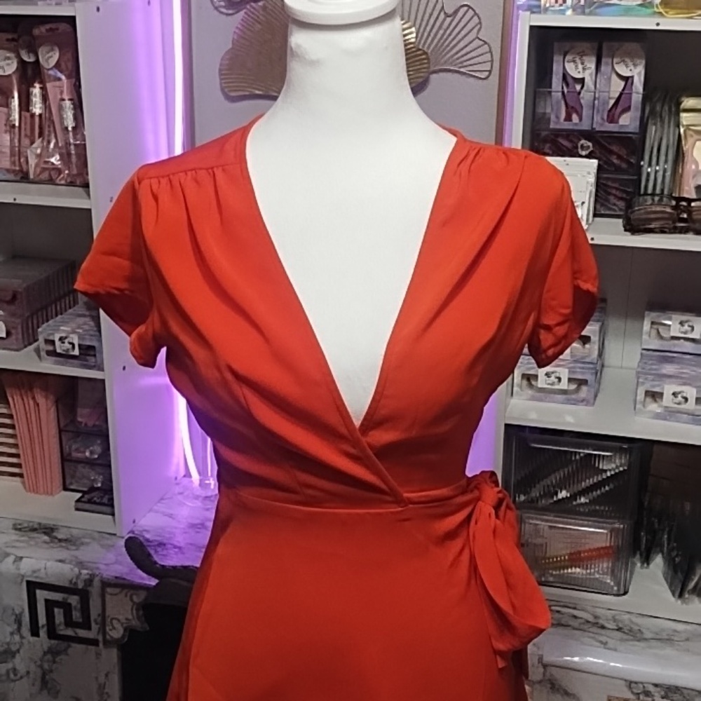 superdown Red Short Sleeve Wrap Mini Dress with Side Tie - Picture 2 of 4